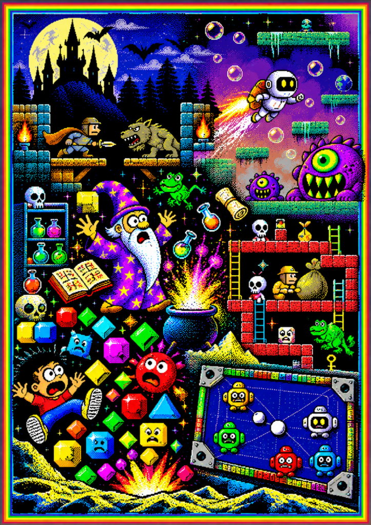 Mashup in pixel art dei giochi di Special Program+ n. 1: castello sotto la luna, mago, robot col jetpack, gemme impazzite, minatore con il sacco di monete e tavolo da tilt con robottini