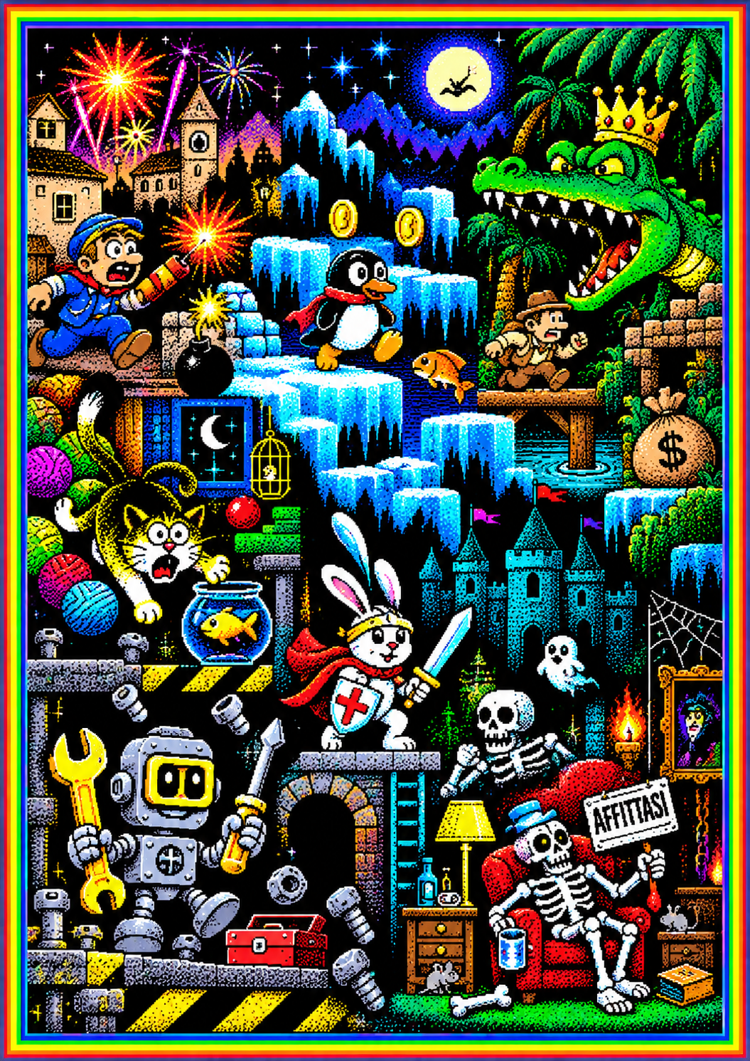 Mashup in pixel art dei giochi di Special Program+ n. 2: botti sul paese, pinguino tra monete ghiacciate, re coccodrillo, coniglio crociato, robot meccanico e scheletro in poltrona con il cartello affittasi