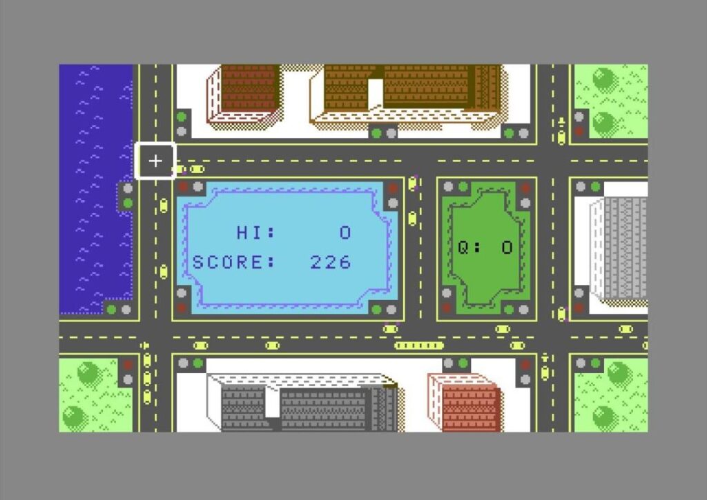 Traffic Remastered C64: mappa con acqua, prati e alberi